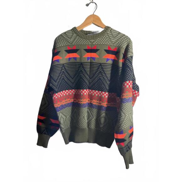Meister Sweaters - Cozy Vintage Wool Blend Sweater with Colorful Geometric Pattern Large